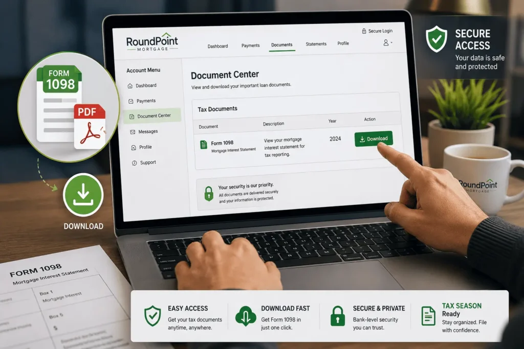 RoundPoint Mortgage Tax Documents dashboard showing Form 1098 download, secure login, and online document access
