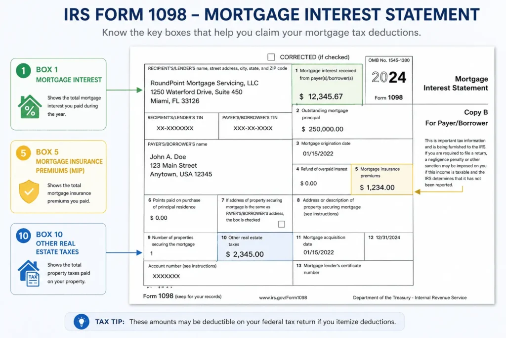 RoundPoint Mortgage Tax Documents Form 1098 highlighting Box 1, Box 5, and Box 10 for easy tax filing