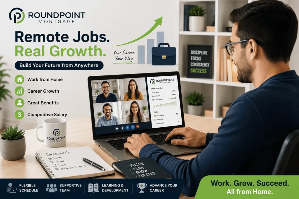 RoundPoint Mortgage Careers remote work setup with virtual interview, career growth, and work-from-home opportunities