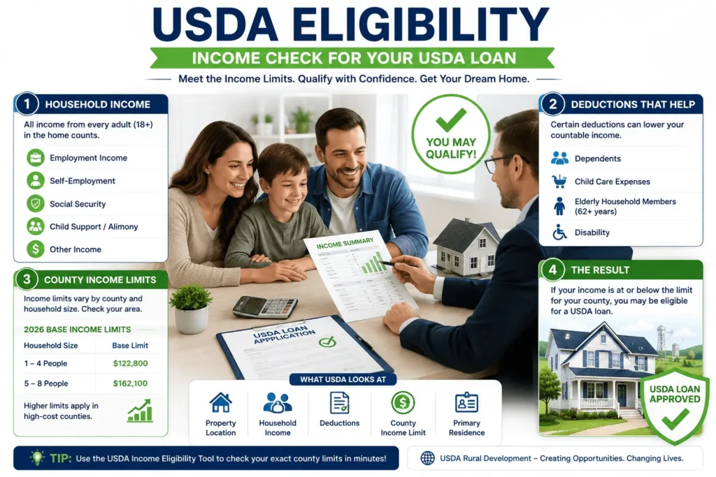 USDA Eligibility income limits showing household income calculation and USDA loan qualification requirements