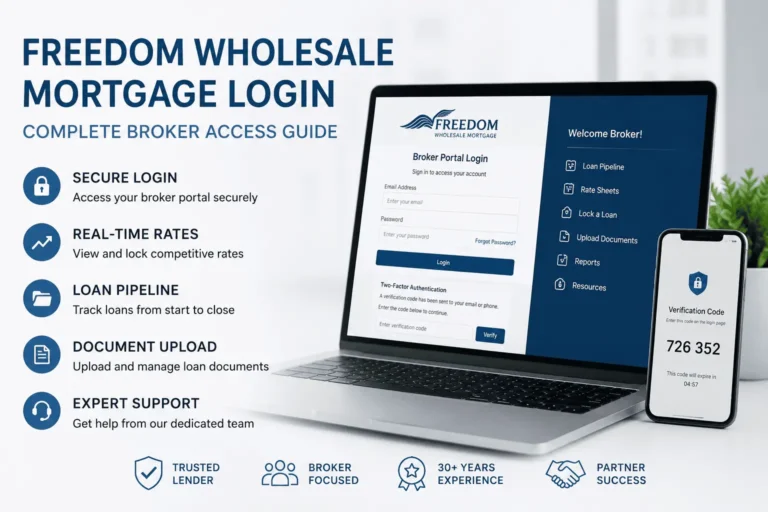 Freedom Wholesale Mortgage Login featured image with broker portal and mortgage dashboard