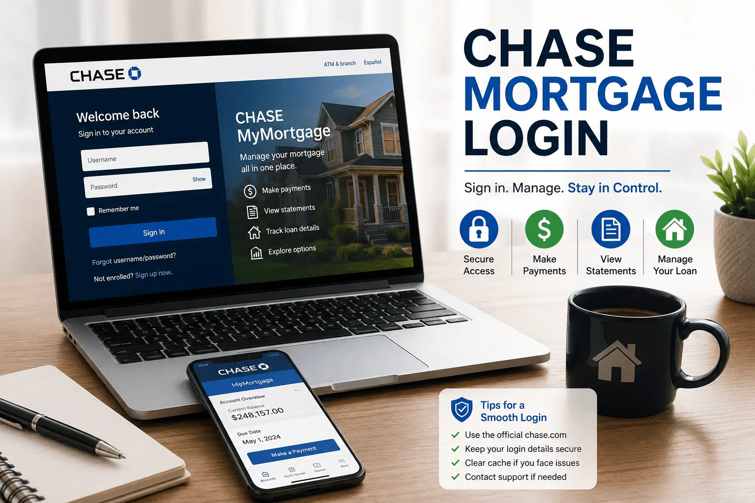 Chase Mortgage Login dashboard for secure account access, quick payments, loan details, and online statements