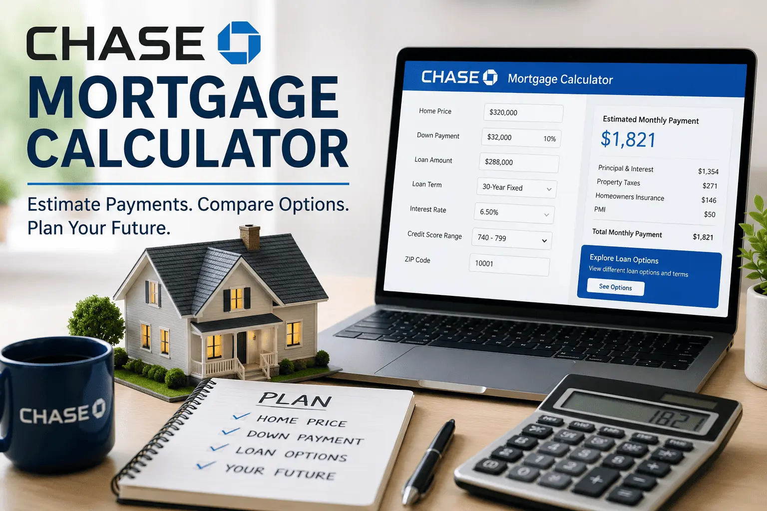 Chase Mortgage Calculator showing home payment estimates with a model house, loan details, and planning tools