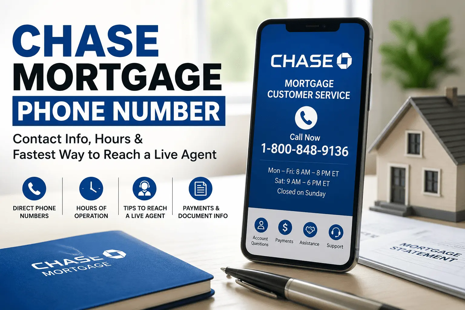 Chase Mortgage Phone Number guide with customer support contact, phone, home model, and mortgage service details