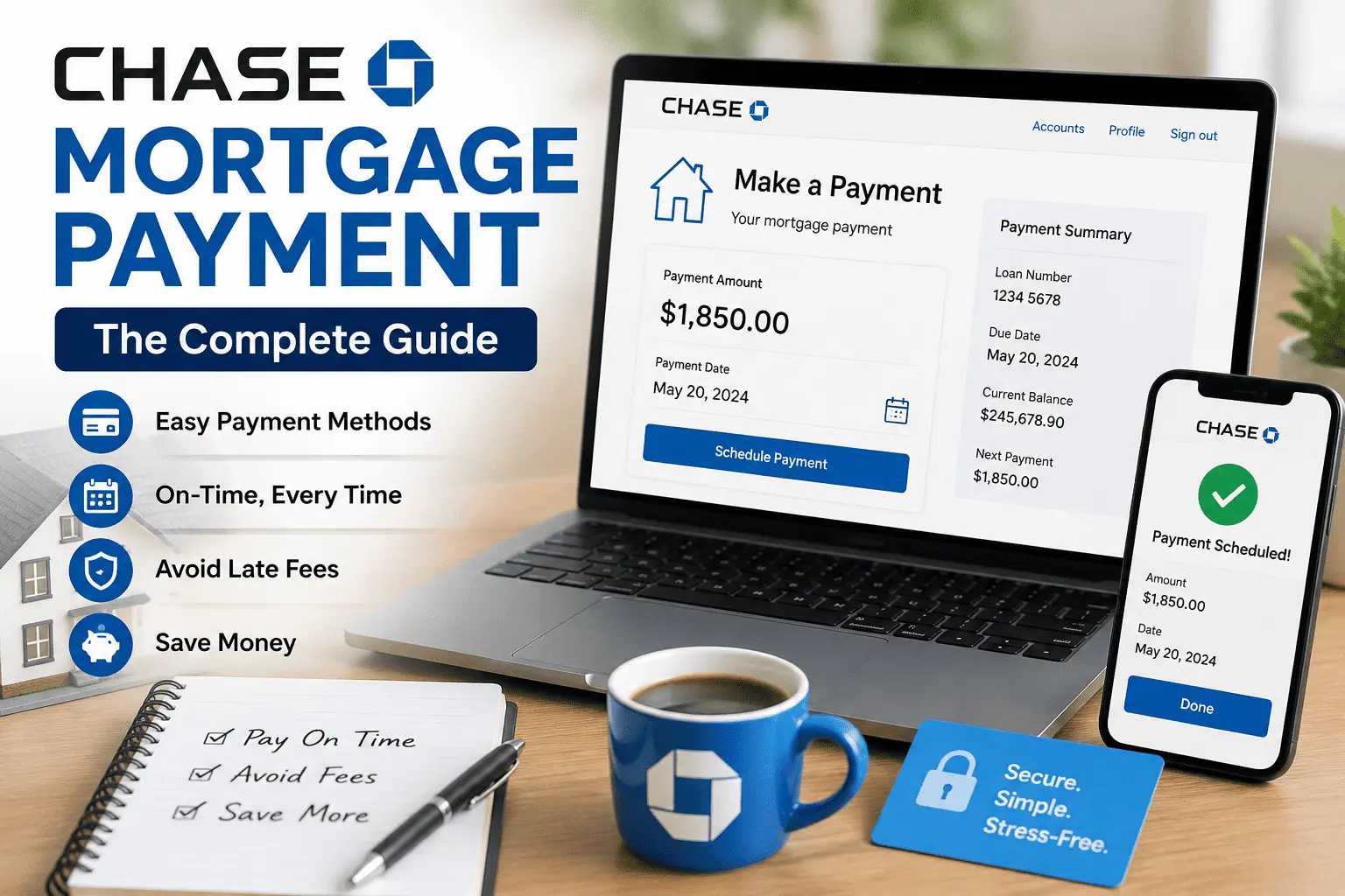Chase Mortgage Payment guide showing online mortgage payment dashboard, mobile app, and secure payment options.