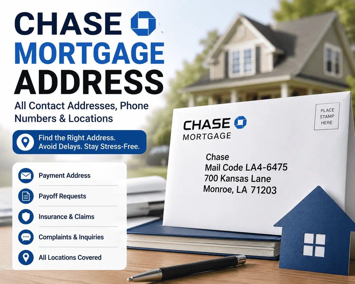 Chase Mortgage Address guide showing official mailing addresses for payments, payoff requests, insurance, and support.