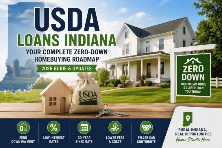 USDA Loans Indiana featured image showing a rural home, zero-down mortgage benefits, and 2026 home loan guide.