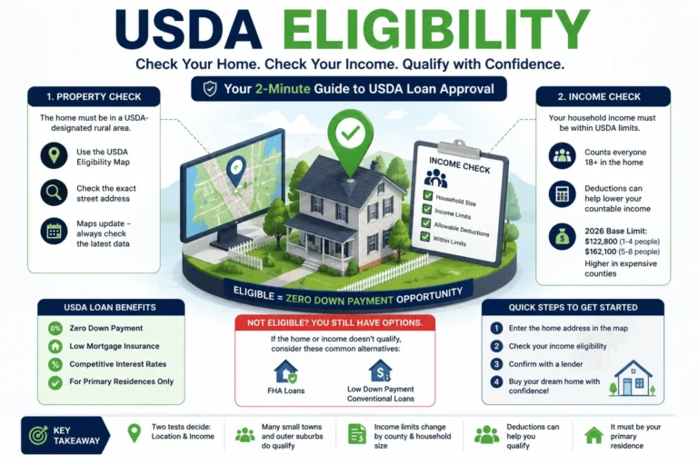 USDA Eligibility guide showing property map, income limits, home qualification steps, and loan approval process